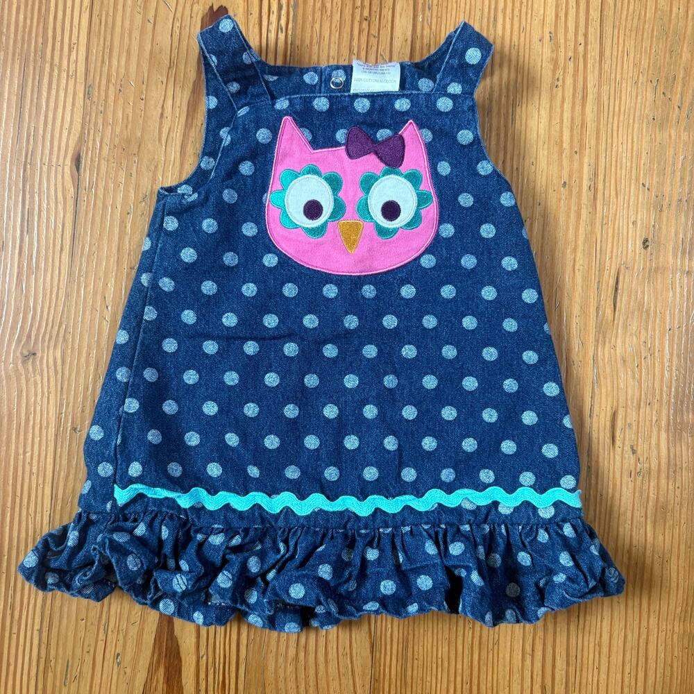 Baby Essentials 90s jean owl sleeveless ruffle bottom baby‎ dress SIZE 9M